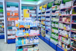 pharmacy shelves full of products on display